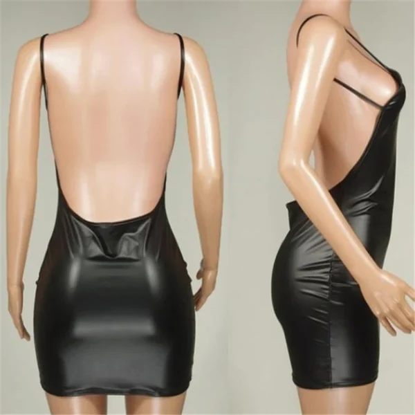 Sexy Faux Leather Dress Backless Club Party Short Dress Solid Black Wet Look Latex Bodycon Push Up Bra Mini Micro Dress - obrazek 4